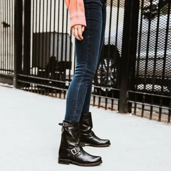 Frye Shoes - Frye Veronica Black Leather Moto Boot with Pewter Hardware